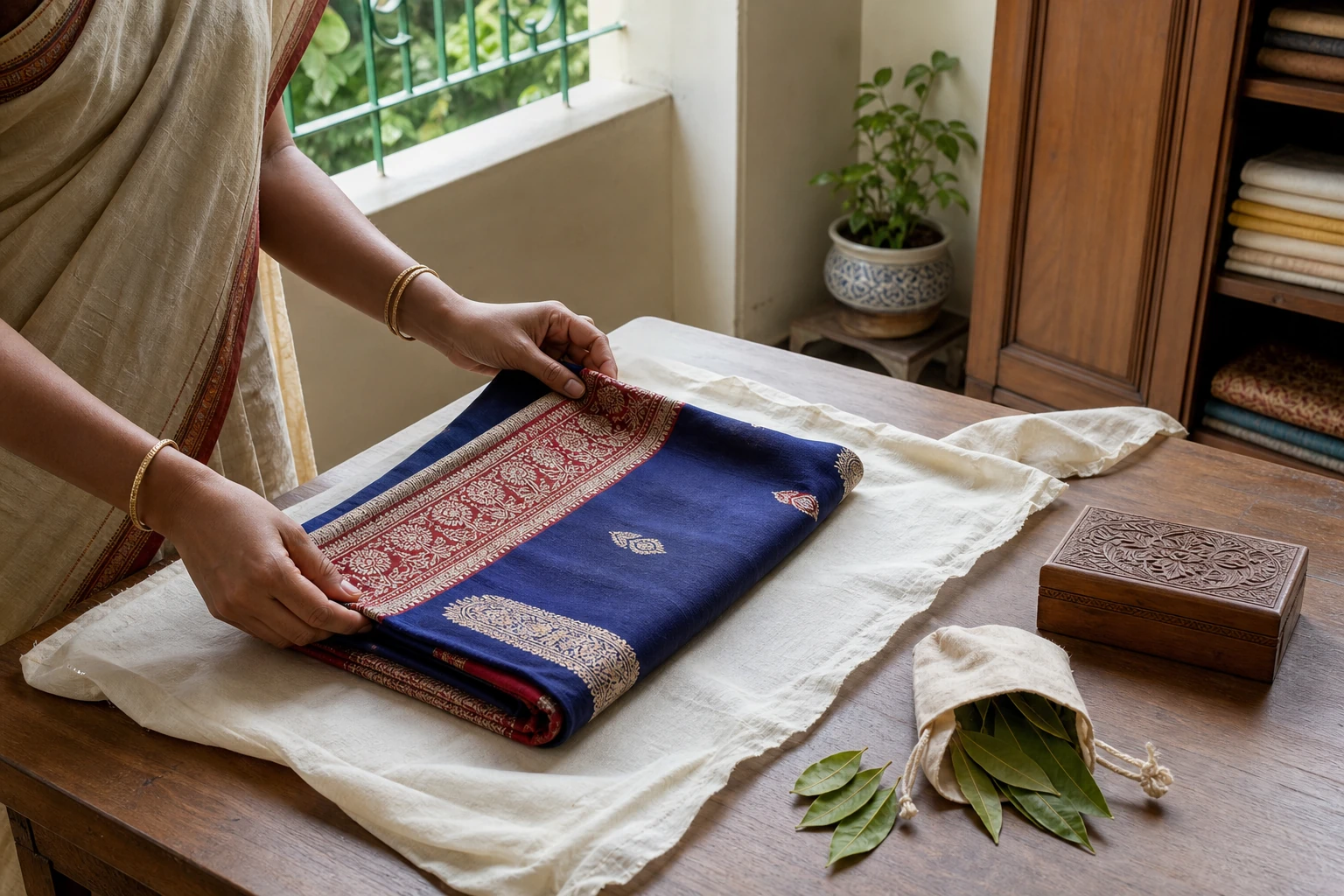 Hands folding an indigo saree into breathable cotton wrapping beside a separate pouch of dried neem leaves
