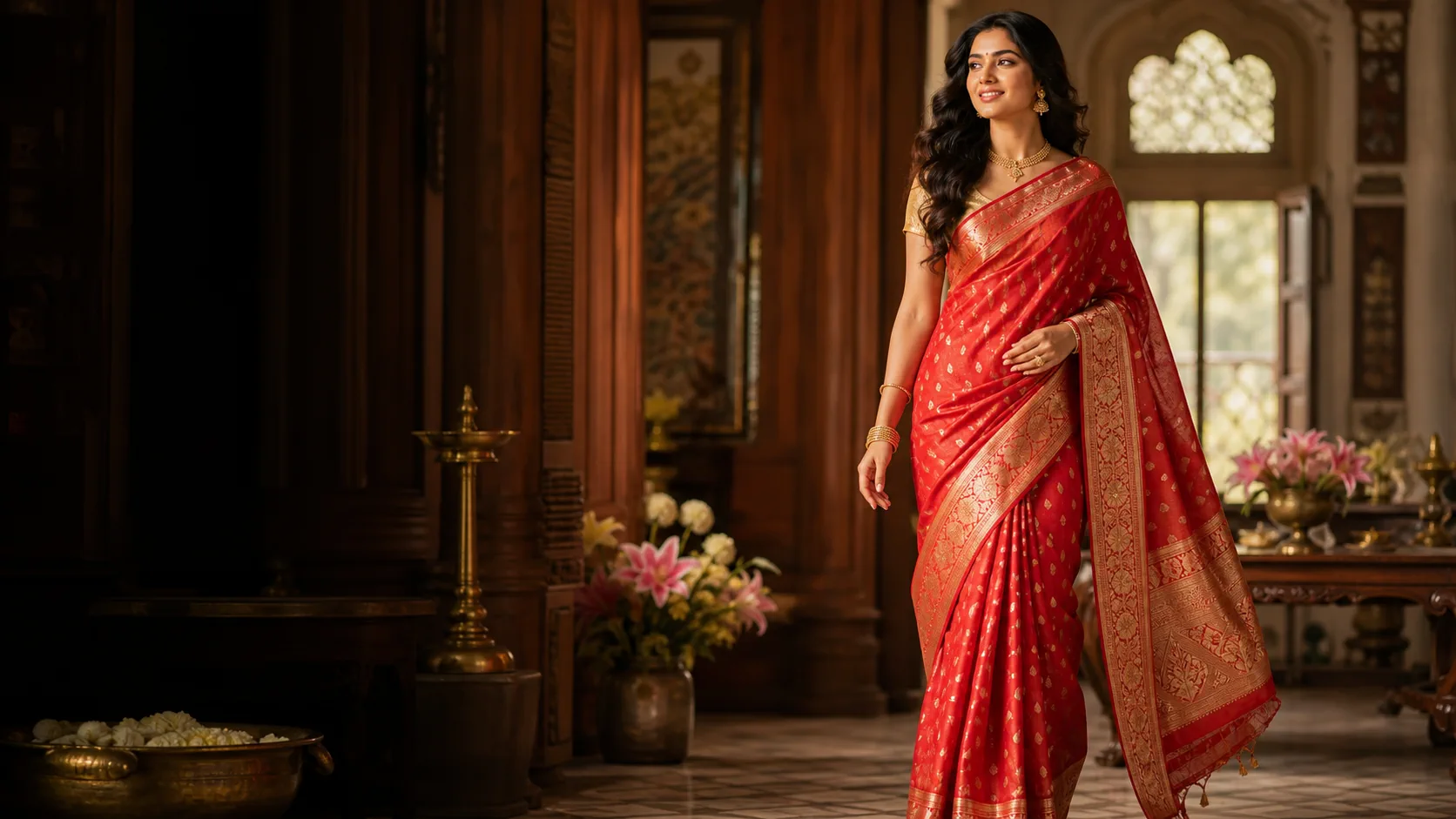Bengali saree styling with a visible border and anchol