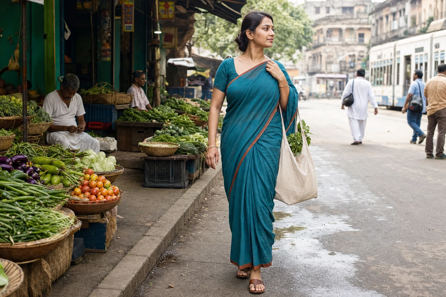 Bengali woman walking through a neighbourhood market in a teal everyday cotton saree
