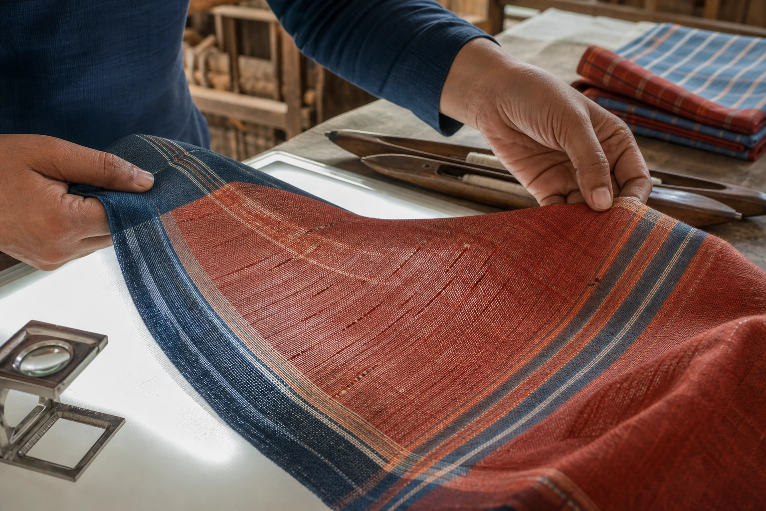 Craftsperson inspecting the yarn texture and spacing of a rust and indigo handwoven textile over a light table