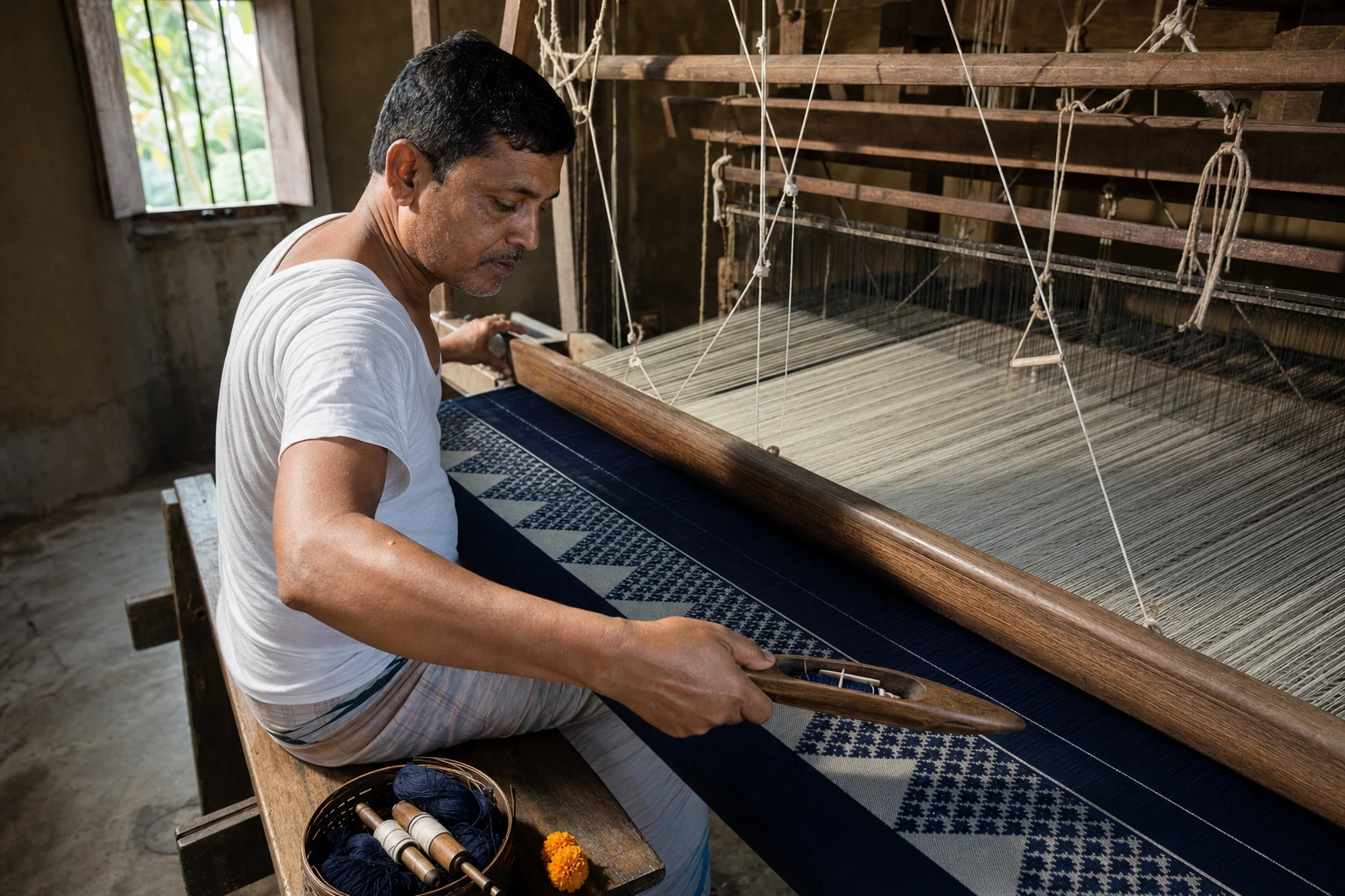 Bengali weaver guiding an indigo patterned textile through a traditional wooden handloom