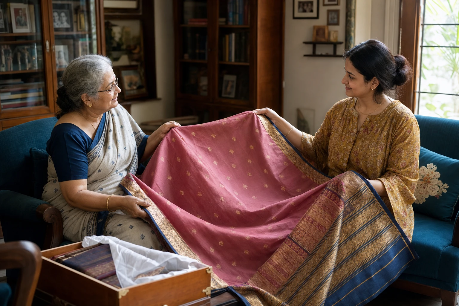Two generations of Bengali women sharing an old rose saree with an indigo and gold pallu