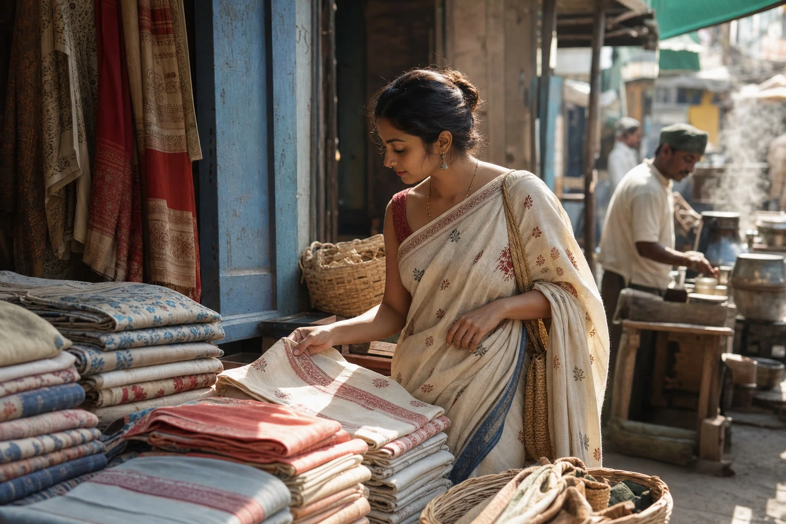 Folded sarees arranged for a careful online buying comparison
