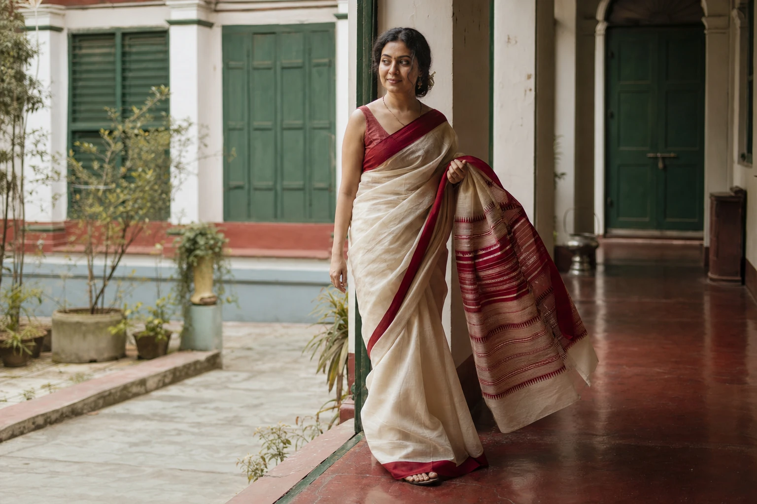 Bengali woman gathering a crimson-striped anchal while walking through a traditional courtyard house