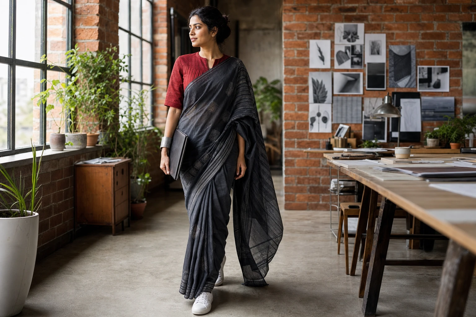 Bengali woman wearing a graphite saree with a red blouse and white sneakers in a contemporary design studio