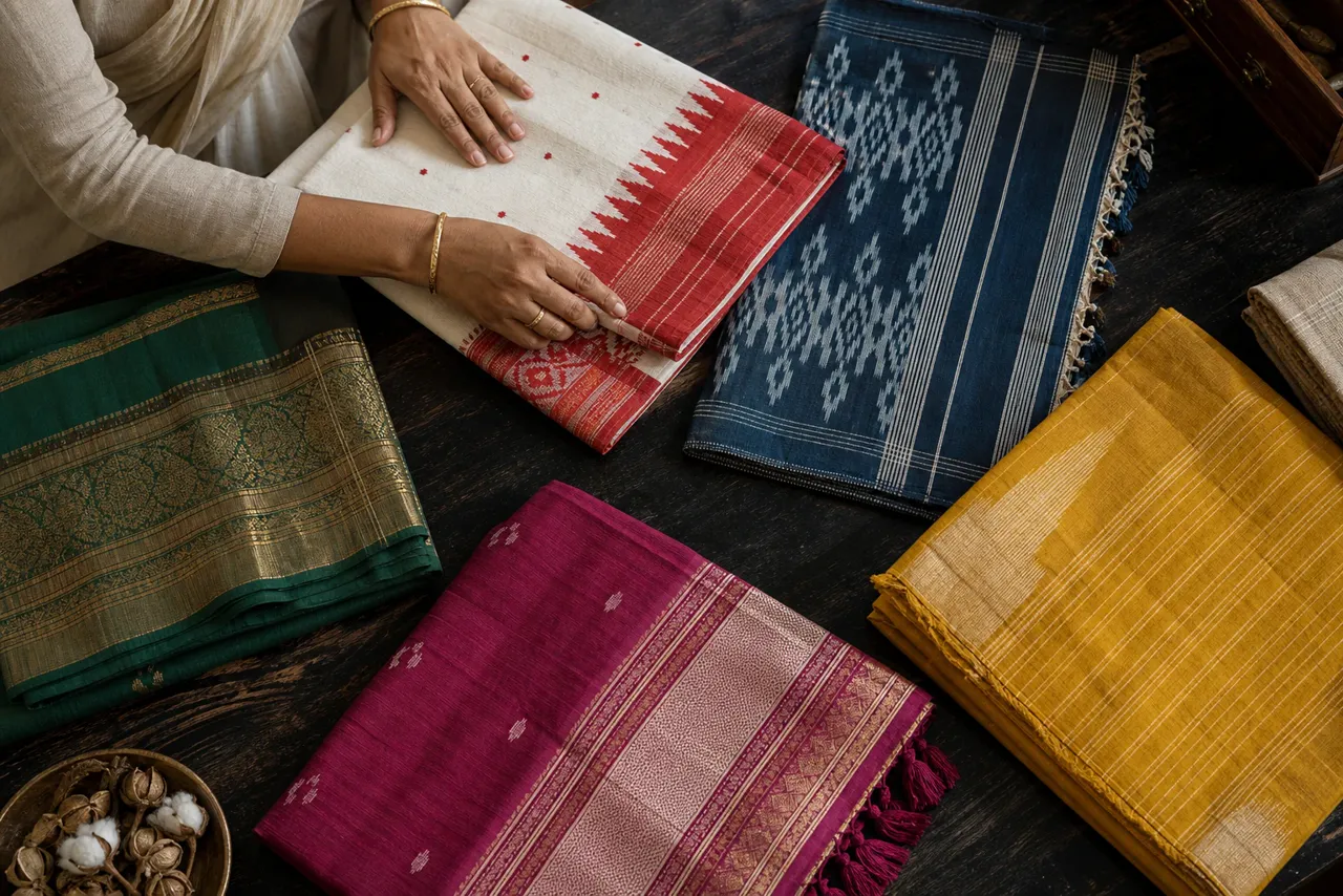 Textile curator comparing colourful folded sarees with distinct borders and motif vocabularies