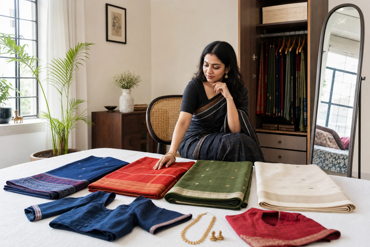 Woman thoughtfully choosing among four folded sarees and a small selection of blouses in a calm bedroom