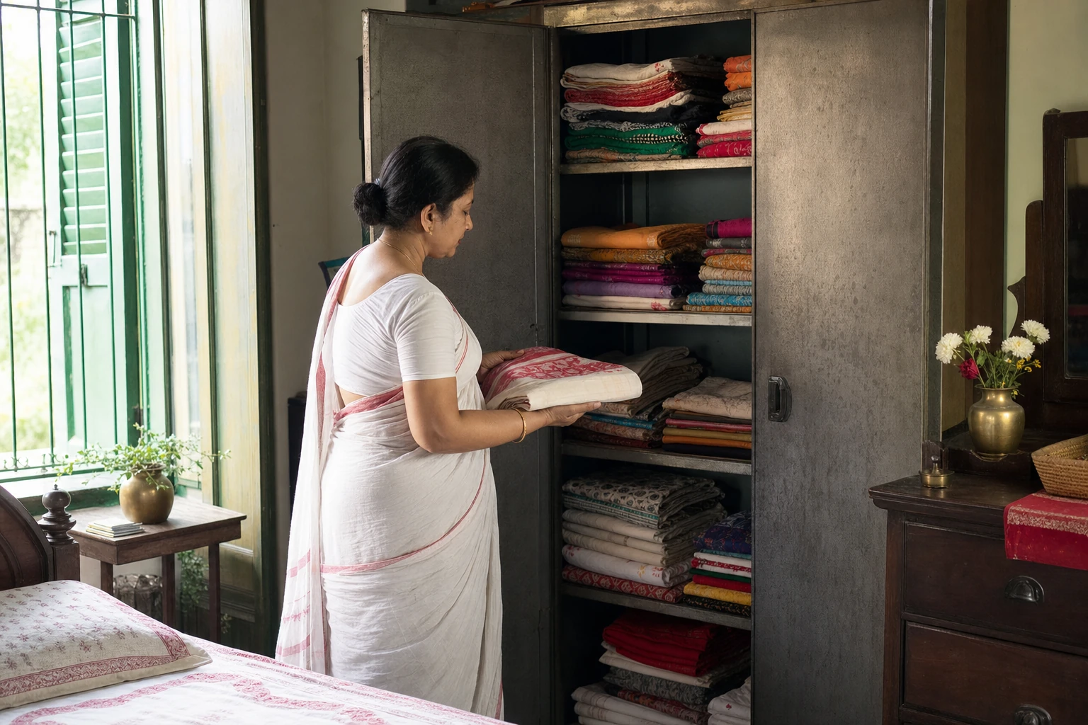 Bengali woman lifting a folded saree from a family almirah filled with carefully stored textiles
