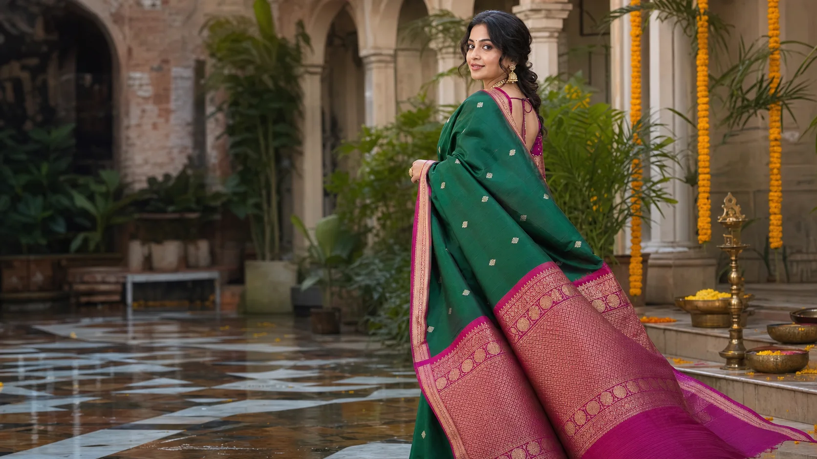 Green saree styled with an expressive Bengali pallu